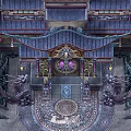 Cartoon Scene Of Chinese Traditional Palace With Flying Eaves Dragon Decorations And Purple Blue Roofs