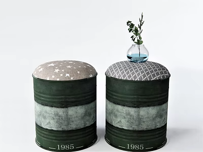 Green Barrel Style Stools with Upholstered Tops Small Vase and Green Plant Featuring Number 1985 3d model