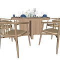 Modern Wooden Dining Table Set With Four Chairs And Decorative Tableware 3d model