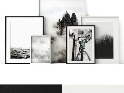 Black And White Photo Frames With Landscape Bicycle And Bird Prints For Home Decor 3d model