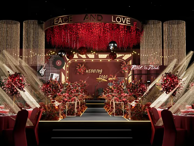 Elegant Wedding Banquet Hall With Red Floral Decorations Peace And Love Theme And Lighting 3d model
