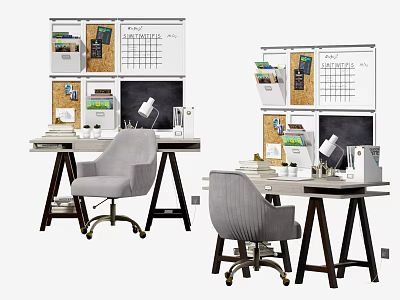 Modern Home Office Desk Setup With Whiteboard Corkboard Calendar And Gray Chair 3d model