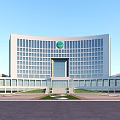 Modern Office Building Featuring White Exterior Large Glass Windows Green Logo Front Entrance And Lawn