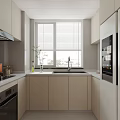 Modern Kitchen Interior With Light Colored Cabinets Blinds And Stainless Steel Appliances