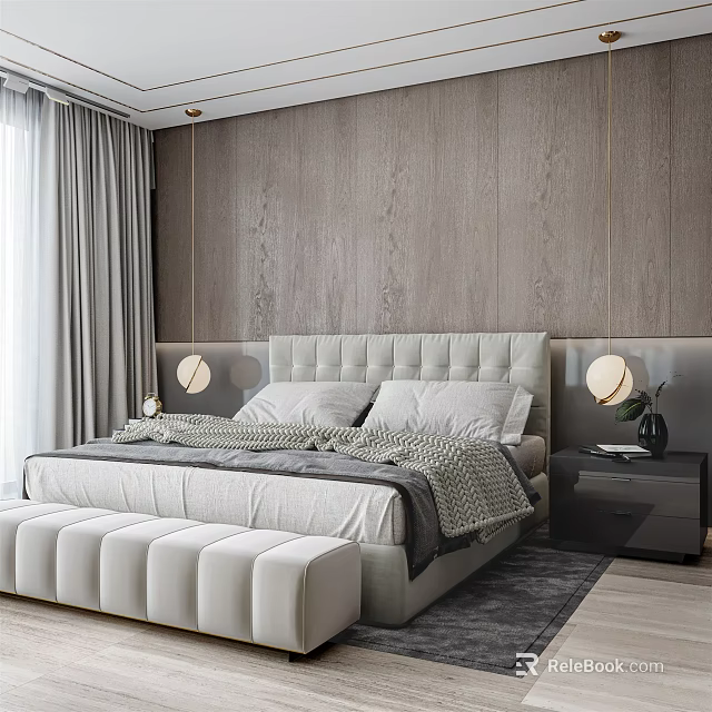 Modern Bedroom Interior With Wooden Paneled Walls Tufted Headboard Round Wall Lamps And White Bench 3d model 