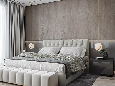 Modern Bedroom Interior With Wooden Paneled Walls Tufted Headboard Round Wall Lamps And White Bench 3d model