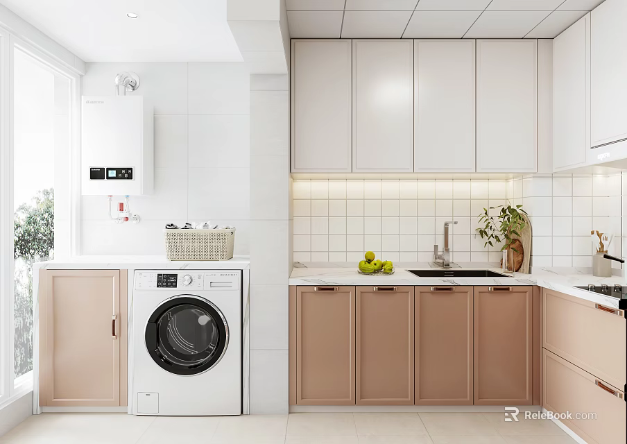 Modern Kitchen Interior With Tiled Wall White Pink Cabinets Washing Machine Sink Fruits And Plant 3d model 