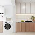 Modern Kitchen Interior With Tiled Wall White Pink Cabinets Washing Machine Sink Fruits And Plant