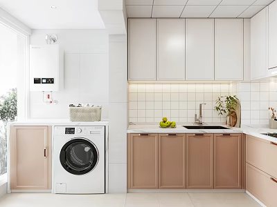 Modern Kitchen Interior With Tiled Wall White Pink Cabinets Washing Machine Sink Fruits And Plant 3d model