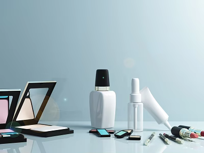 Luxury Cosmetics And Perfume Display Including Compact Powder Bottles Lipsticks And Small Vials 3d model