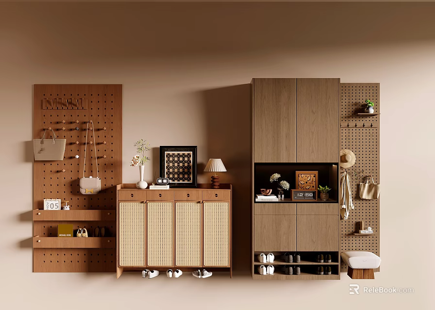 Modern Wooden Shoe Cabinet With Rattan Doors Storage Shelves And Decor Plants 3d model 