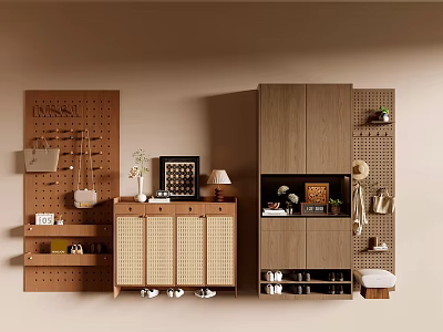 Modern Wooden Shoe Cabinet With Rattan Doors Storage Shelves And Decor Plants 3d model