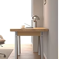 Modern Wooden Office Desk With Metal Legs Beige Chair Silver Lamp Laptop And Coffee Cup