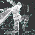 Game and Movie Character in Dynamic Pose With Broken Mechanical Parts and Geometric Shards
