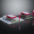 Gas Station Building Model With Red Canopy Fuel Pumps And Signage Posts