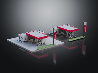 Gas Station Building Model With Red Canopy Fuel Pumps And Signage Posts 3d model