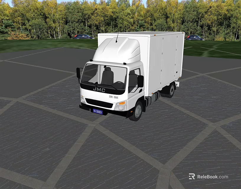 White JAC Box Truck Parked on Gray Paved Ground With Green Trees 3d model 