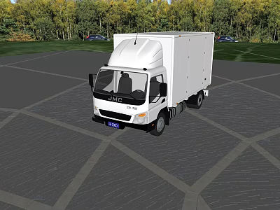 White JAC Box Truck Parked on Gray Paved Ground With Green Trees 3d model