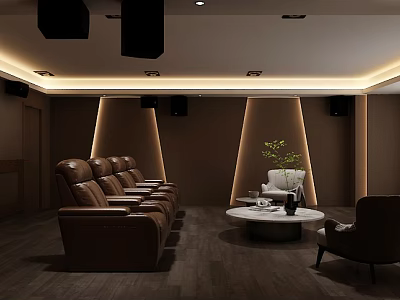 Modern Home Theater Room Interior With Leather Seats Coffee Table Green Plants And Ceiling Speakers 3d model