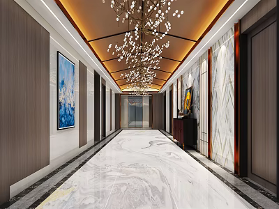 Luxurious Elevator Lobby Interior Design With Grand Chandelier Marble Floor And Artworks 3d model