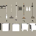 Organized Wall Mounted Cleaning Tools Storage With Mops Brooms And White Buckets 3d model
