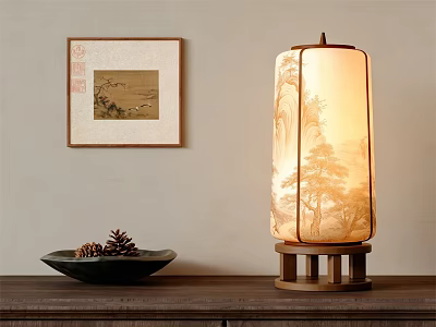 Traditional Chinese Table Lamp With Wooden Base Landscape Shade And Framed Artwork On Cabinet 3d model