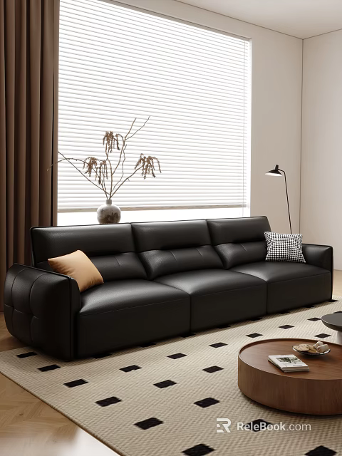 Black Leather Sofa And Coffee Table Set With Cushions Blinds Vase Floor Lamp And Rug 3d model 