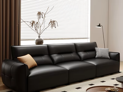 Black Leather Sofa And Coffee Table Set With Cushions Blinds Vase Floor Lamp And Rug 3d model