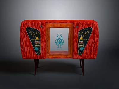 Red Wood Grain Cabinet With Transparent Panel Blue Pattern Side Decorations And Slender Legs 3d model