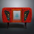 Red Wood Grain Cabinet With Transparent Panel Blue Pattern Side Decorations And Slender Legs