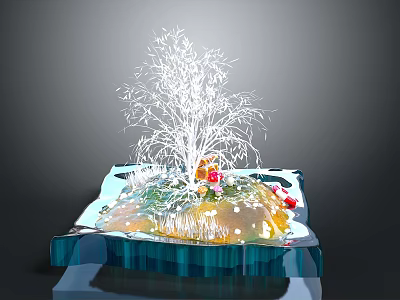 White Tree Sculpture On Transparent Blue Platform With Colorful Decor Elements 3d model