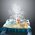 White Tree Sculpture On Transparent Blue Platform With Colorful Decor Elements