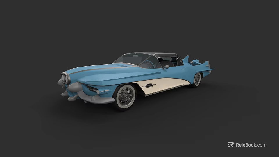 Vintage Blue and White Car with Streamlined Body and Classic Retro Design 3d model 