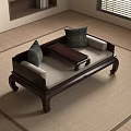 Traditional Chinese Style Arhat Bed With Solid Wood Frame Cushions And Small Table On Rug 3d model