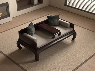 Traditional Chinese Style Arhat Bed With Solid Wood Frame Cushions And Small Table On Rug 3d model