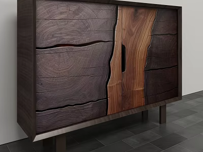 Dark Wooden Storage Cabinet With Natural Wood Grain Design And Drawers 3d model