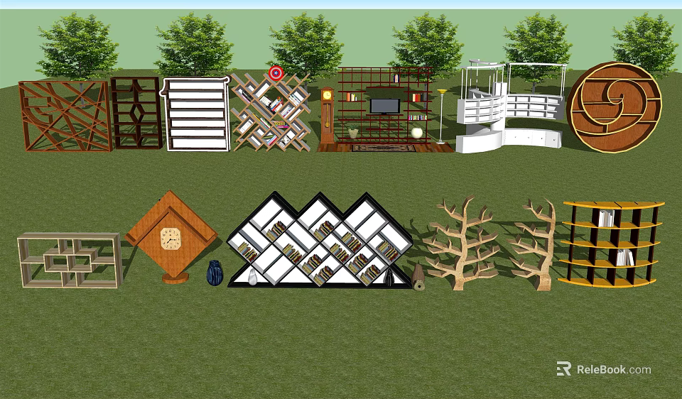 Various Bookcase Designs With Modern Geometric Structures And Mixed Material Elements 3d model