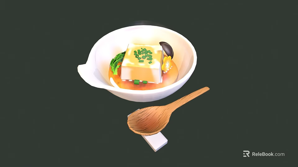 Tofu Soup with Chopped Green Onions Mushrooms in White Bowl and Wooden Spoon 3d model 