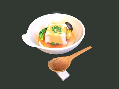 Tofu Soup with Chopped Green Onions Mushrooms in White Bowl and Wooden Spoon 3d model