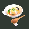 Tofu Soup with Chopped Green Onions Mushrooms in White Bowl and Wooden Spoon