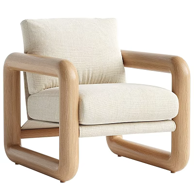 Modern Leisure Chair With Wooden Frame Beige Fabric Cushion And Curved Armrests 3d model