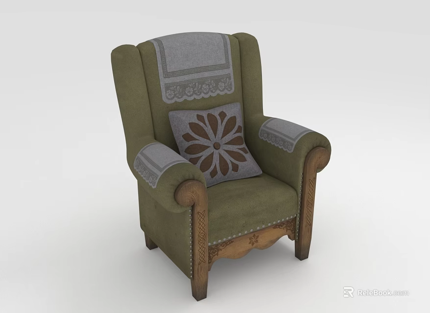 Single Sofa in Green with Wooden Arms Gray Decorative Fabric and Patterned Pillow 3d model 