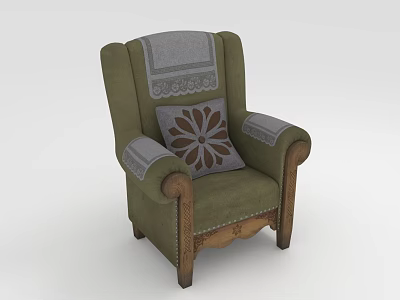 Single Sofa in Green with Wooden Arms Gray Decorative Fabric and Patterned Pillow 3d model