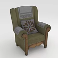 Single Sofa in Green with Wooden Arms Gray Decorative Fabric and Patterned Pillow