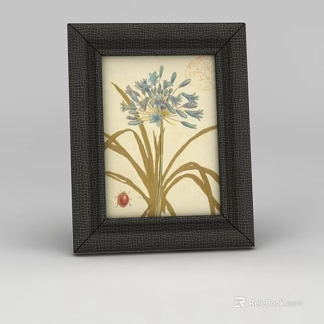 Dark Textured Picture Frame With Blue Flowers Yellow Leaves And Red Ladybug 3d model 
