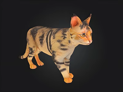 Realistic Striped Cat Standing In Detailed 3D Render Against Black Background 3d model