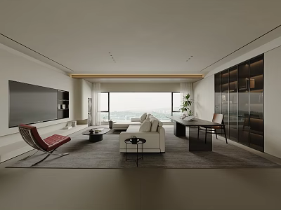 Modern Living Room With Large TV White Sofa Red Armchair And Floor To Ceiling Windows View 3d model