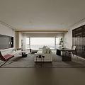 Modern Living Room With Large TV White Sofa Red Armchair And Floor To Ceiling Windows View