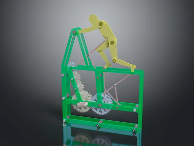 Yellow Climbing Doll On Green Mechanical Structure With Gear Mechanism 3d model