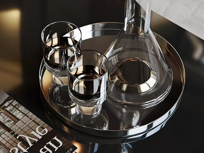 Wine Decanter And Glasses On Silver Tray In Modern Setting 3d model